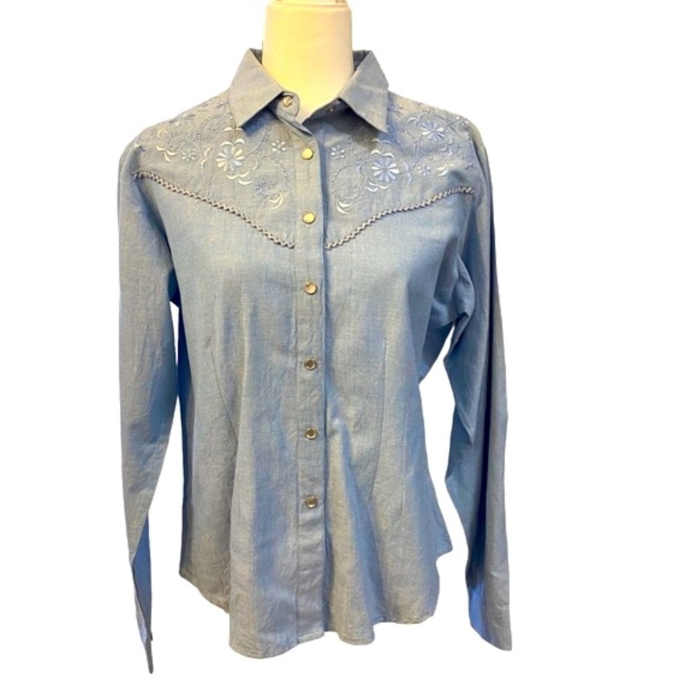 Vintage Adobe Rose Western Style Blue‎ Shirt Ladies Large